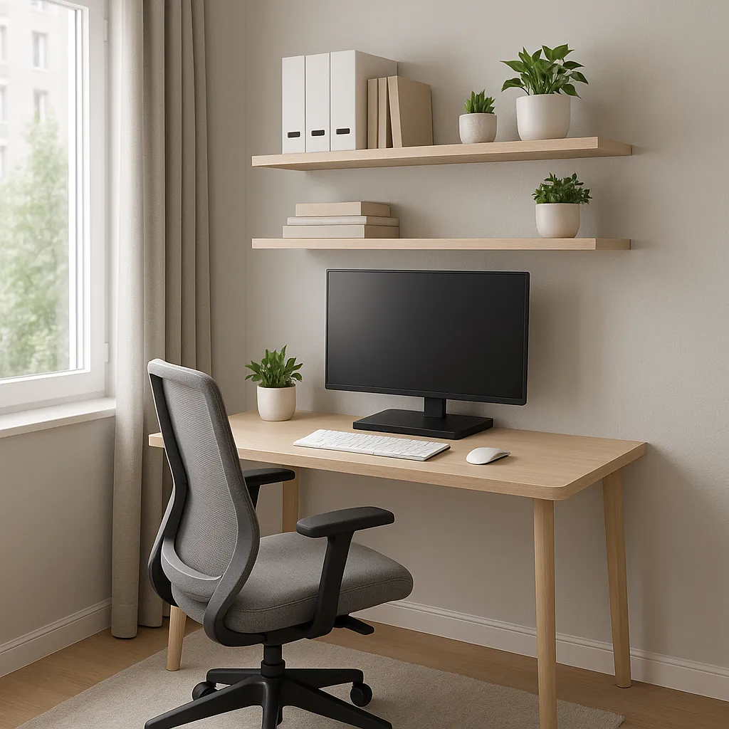Minimalist study area with wooden desk, gray chair, computer monitor, floating shelves, and natural window.