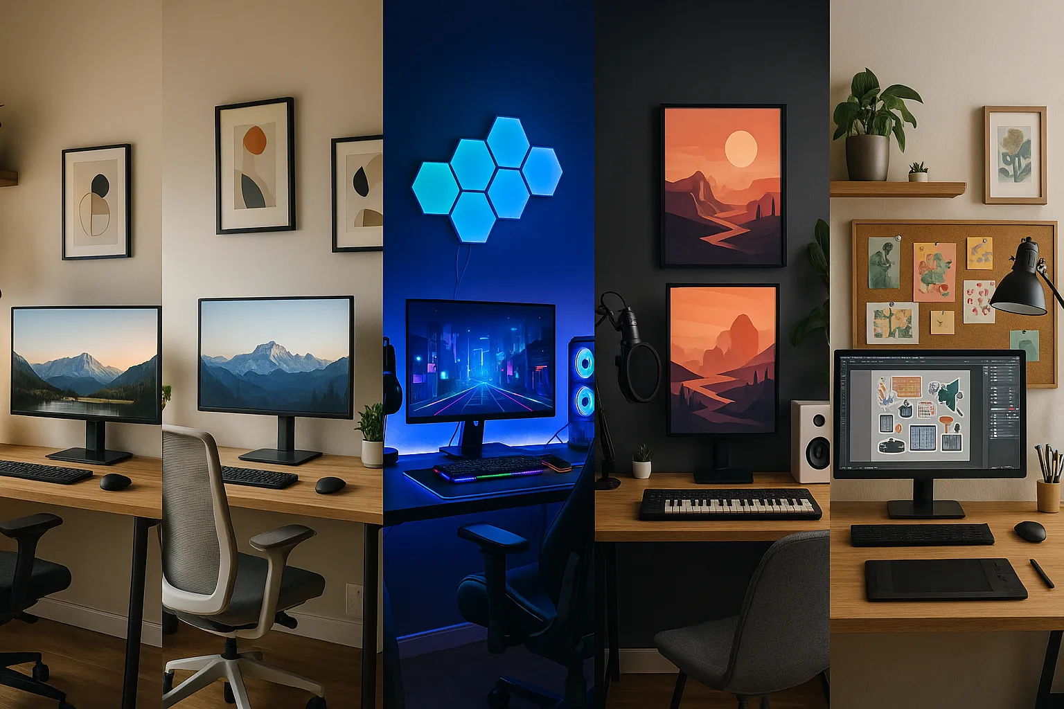 Collage showing five different home office desk setups with minimalist furniture and colorful neon lighting
