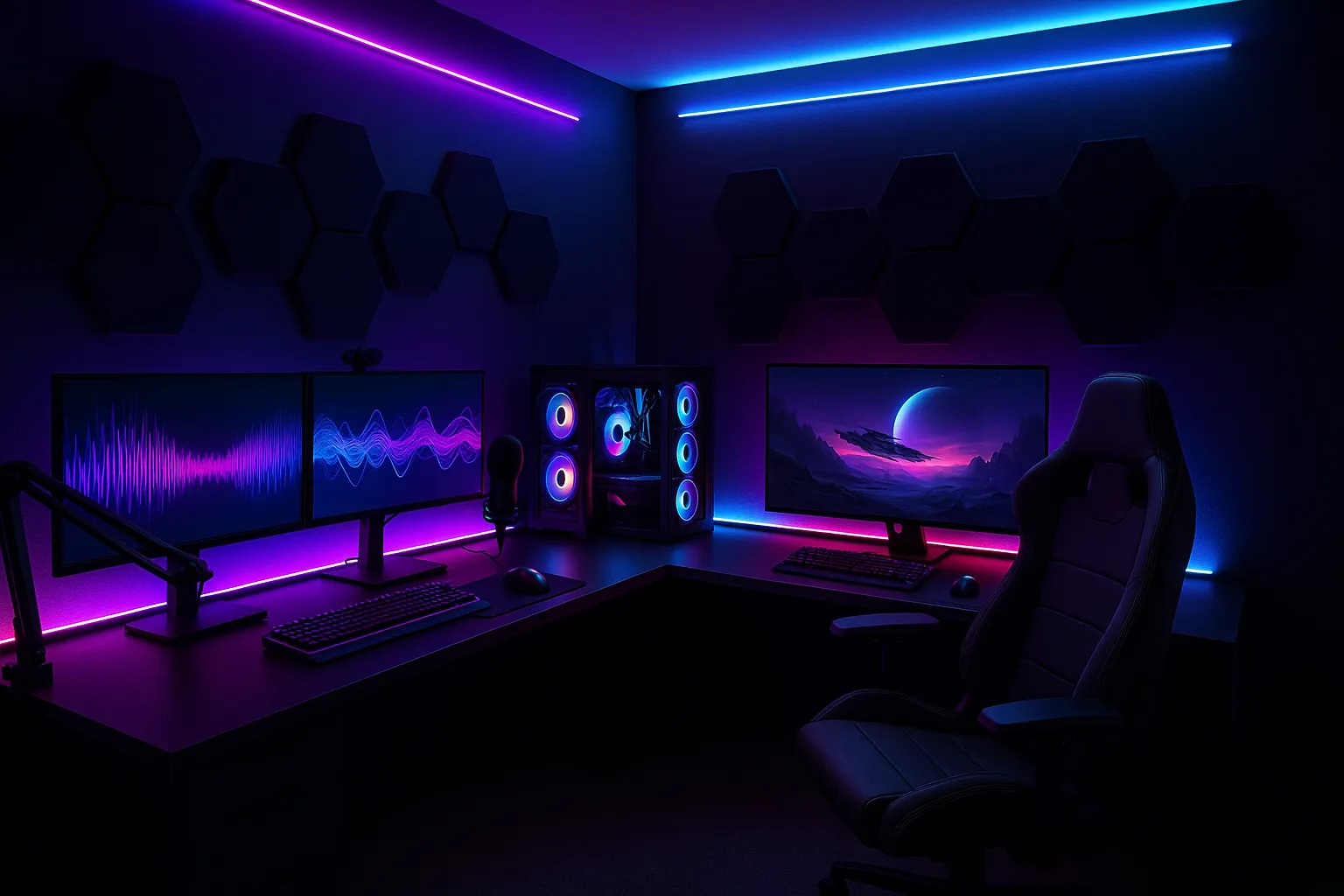 Dark gaming room with corner desk multiple monitors purple neon lights and black gaming chair