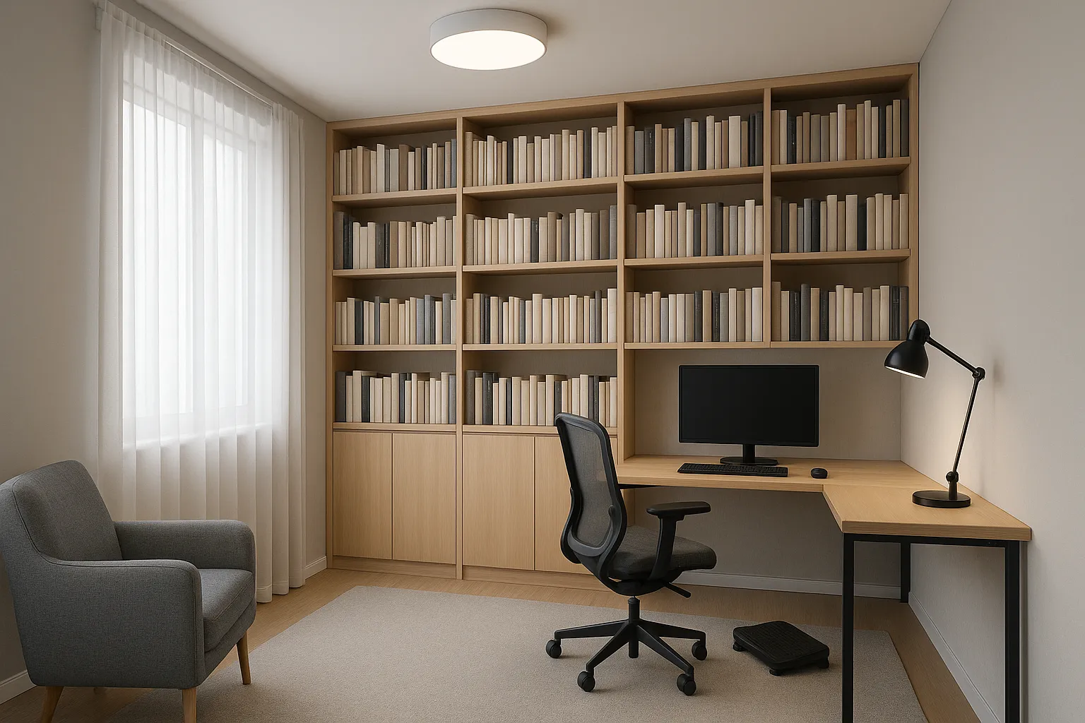 Minimalist home office with large wooden bookshelf corner desk grey armchair and white window curtains