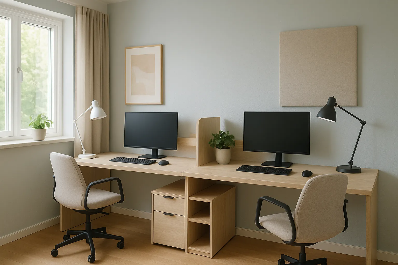 Modern home office with double wooden desk, two computers, beige chairs, plants, and natural window.