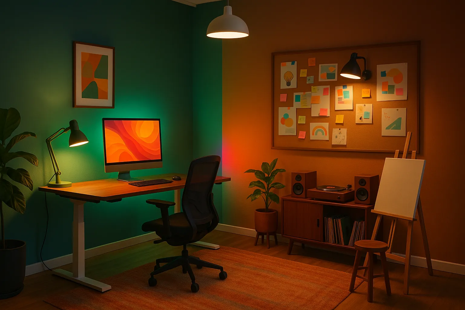 Creative home office with wooden desk, computer, chair, easel, bulletin board, and warm mood light.