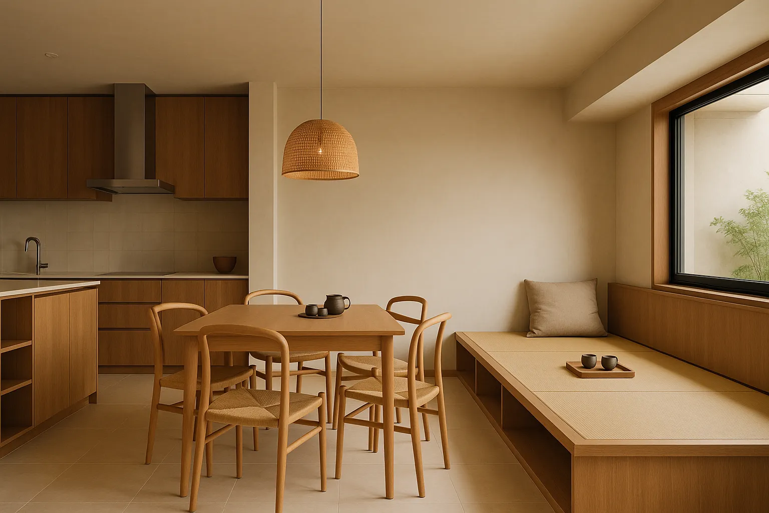 Minimalist dining area with wooden table and chairs plus a built-in seating area and kitchen