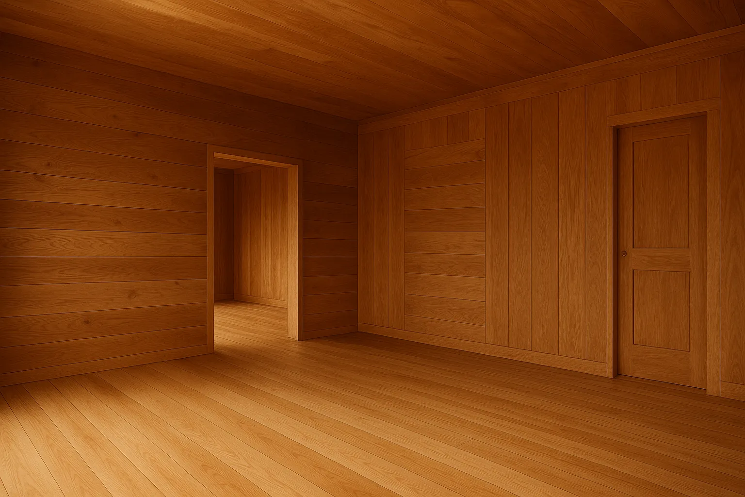 Empty room with wooden walls and floors featuring a doorway leading into a second dark space