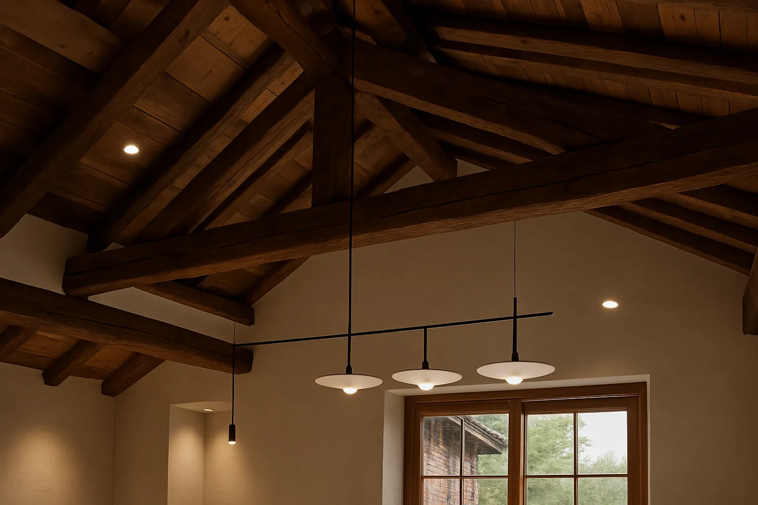 Modern ceiling light fixture hanging under rustic wooden ceiling beams in a cozy warm room