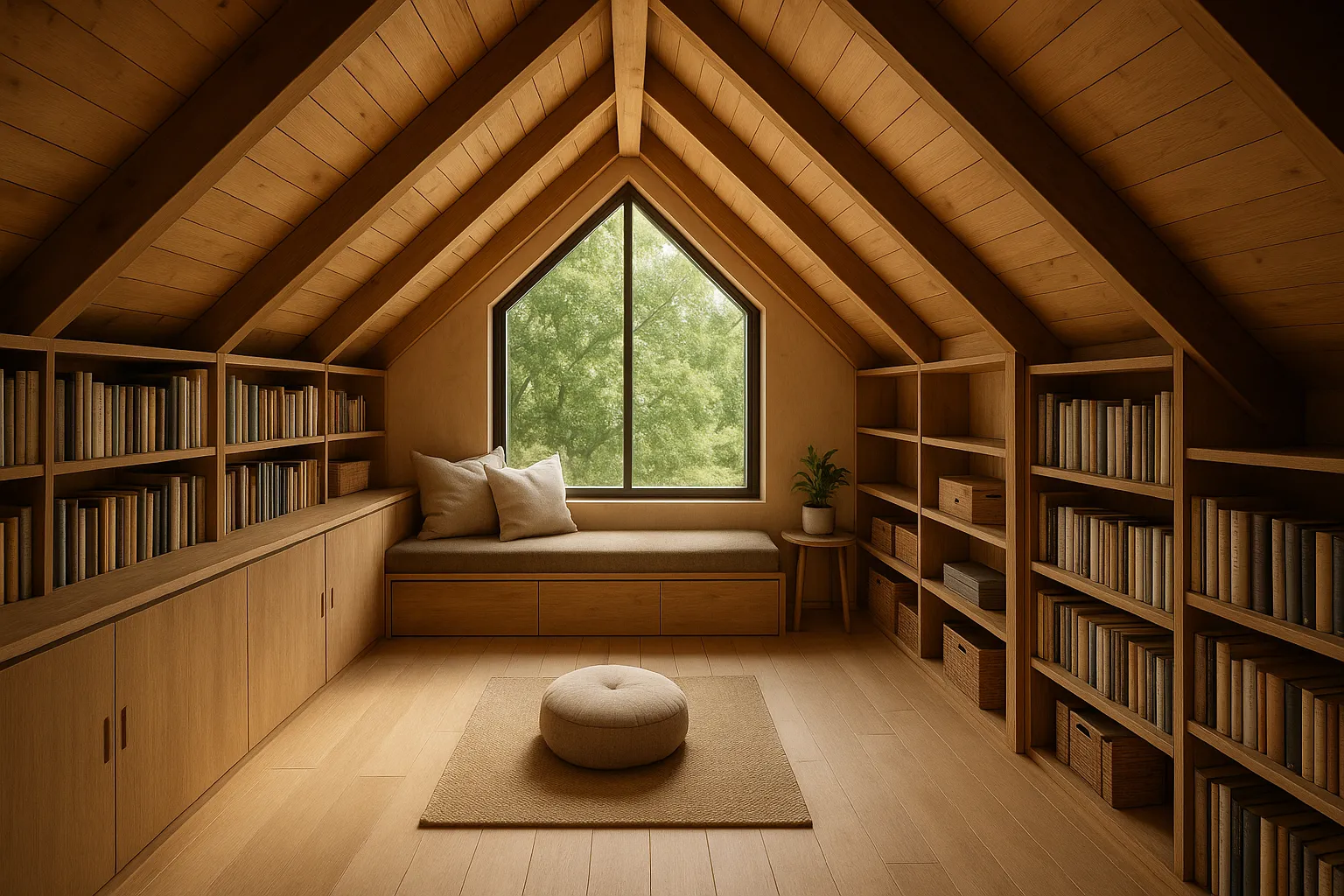 Attic library room with wooden bookshelves a window seat a footrest and a large window