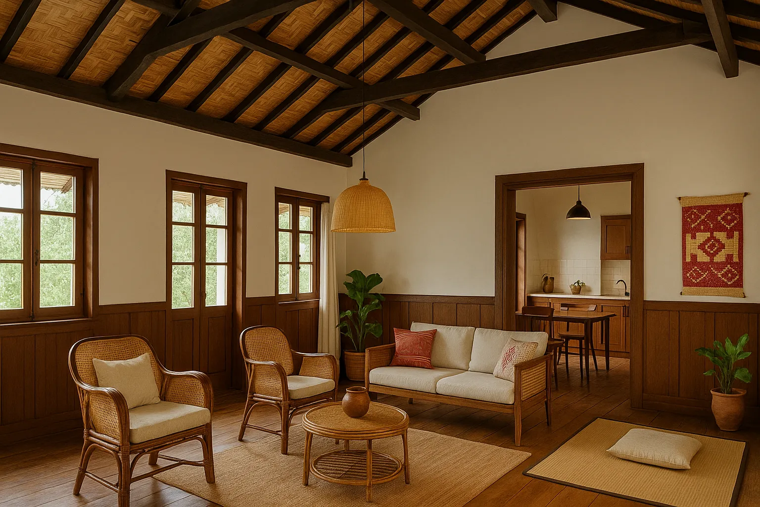 Rustic living room with wooden beams rattan chairs cream sofa and view into a simple kitchen