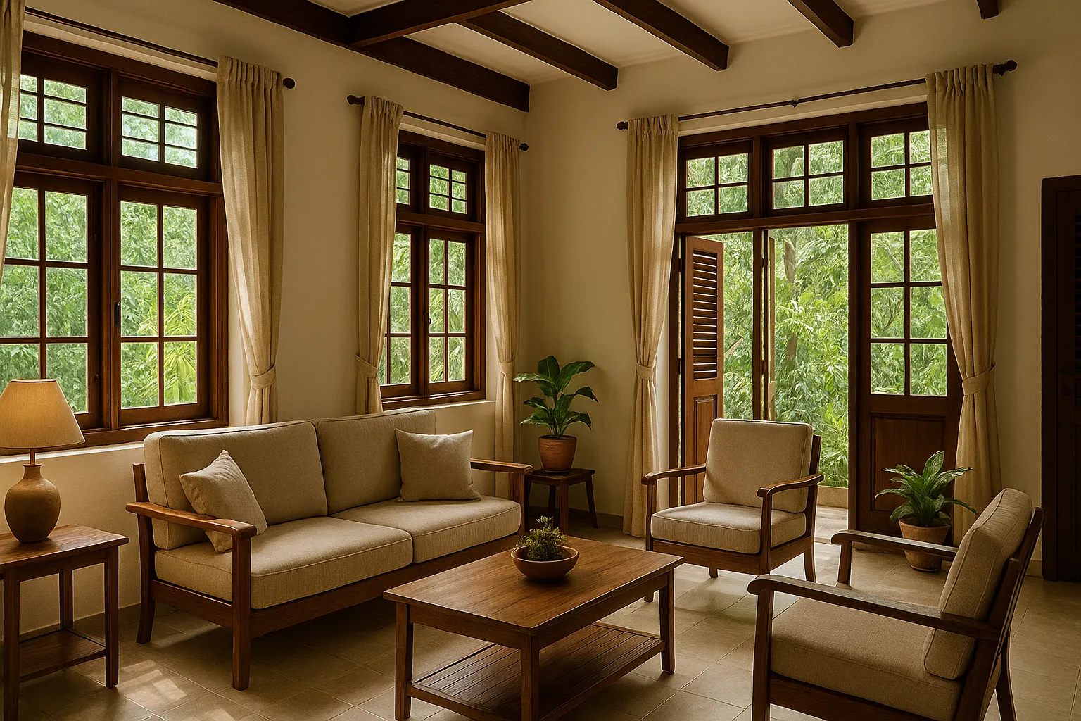 Living room with wooden furniture cream sofa chairs coffee table long curtains and many windows