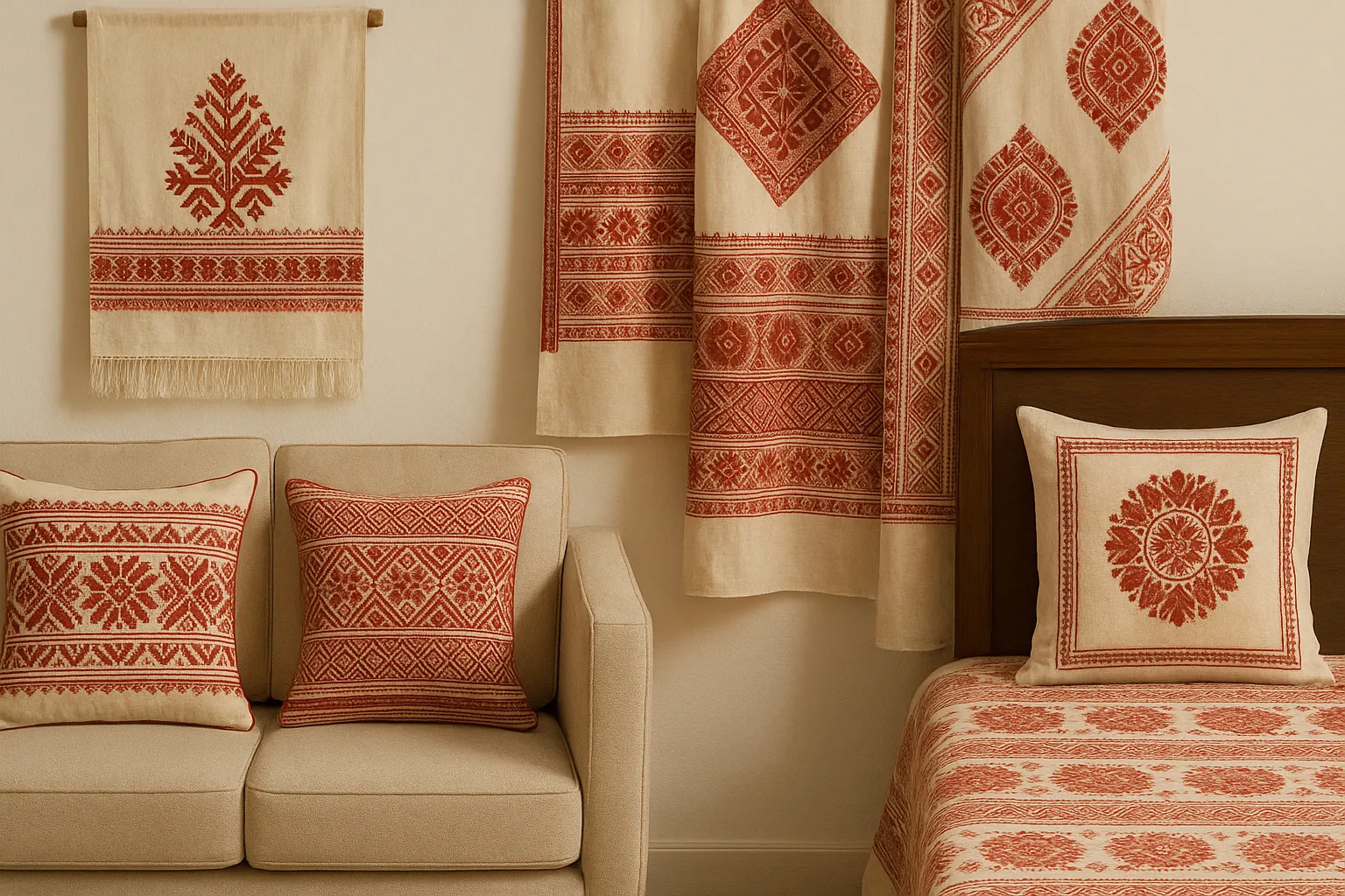 Living room area with red patterned cushions on sofa and bed plus matching wall hanging decor