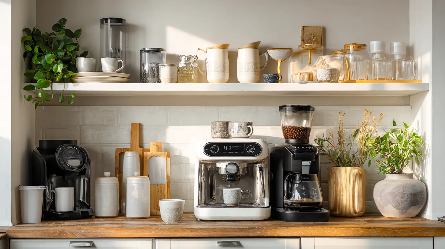 Modern kitchen coffee station with white espresso machine coffee grinder ceramic mugs and wooden shelf decor