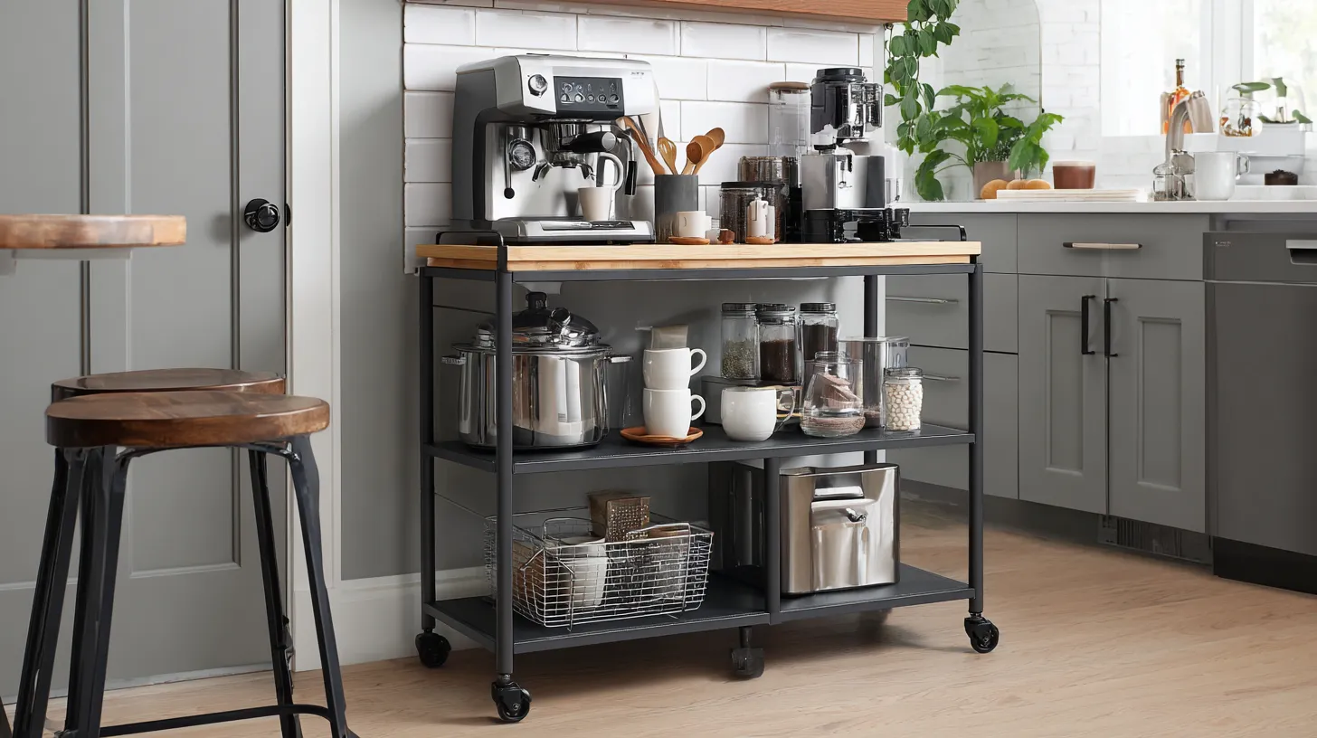 Mobile black kitchen cart with coffee maker mugs storage containers and wooden top in grey kitchen