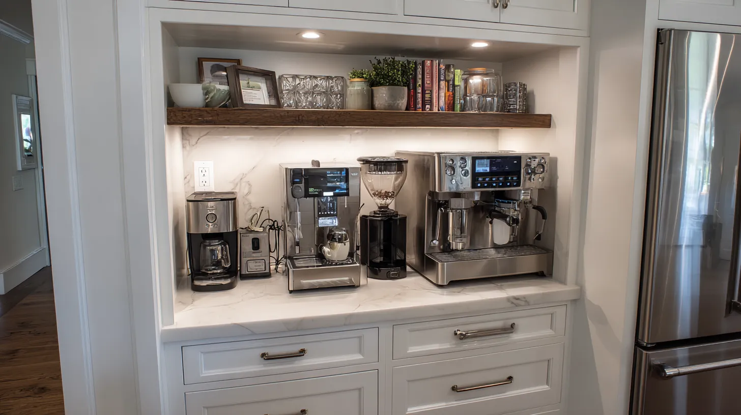 Built in home coffee station with multiple silver machines white drawers and a wooden shelf