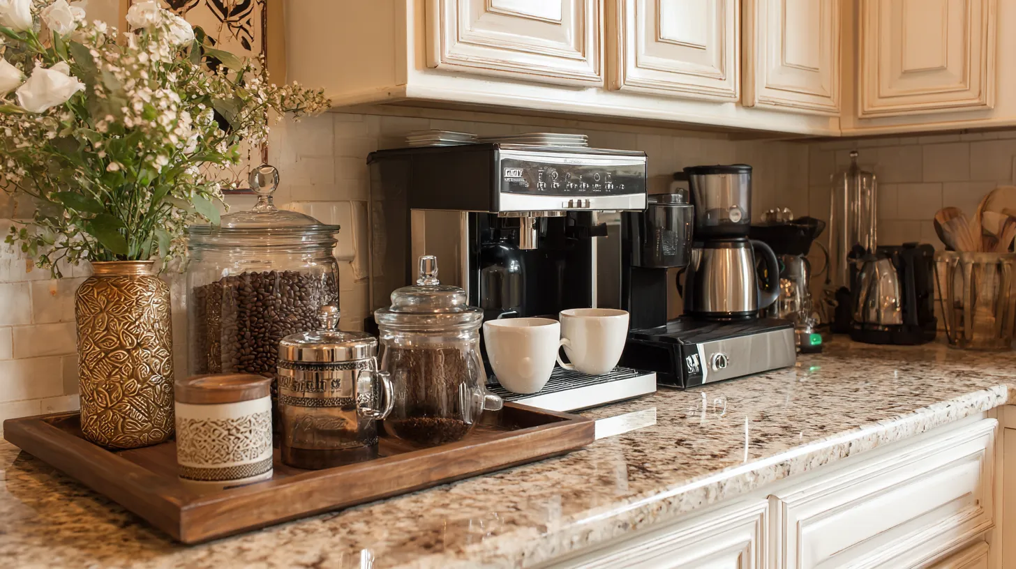 Coffee bar on granite countertop with espresso machine glass bean jars wooden tray and white flowers