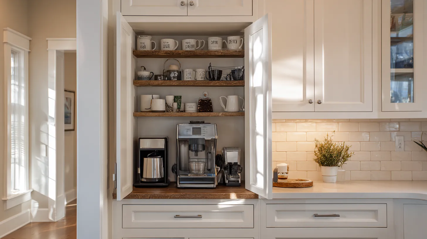Open white kitchen cabinet with wooden shelves for mugs and a silver coffee machine inside