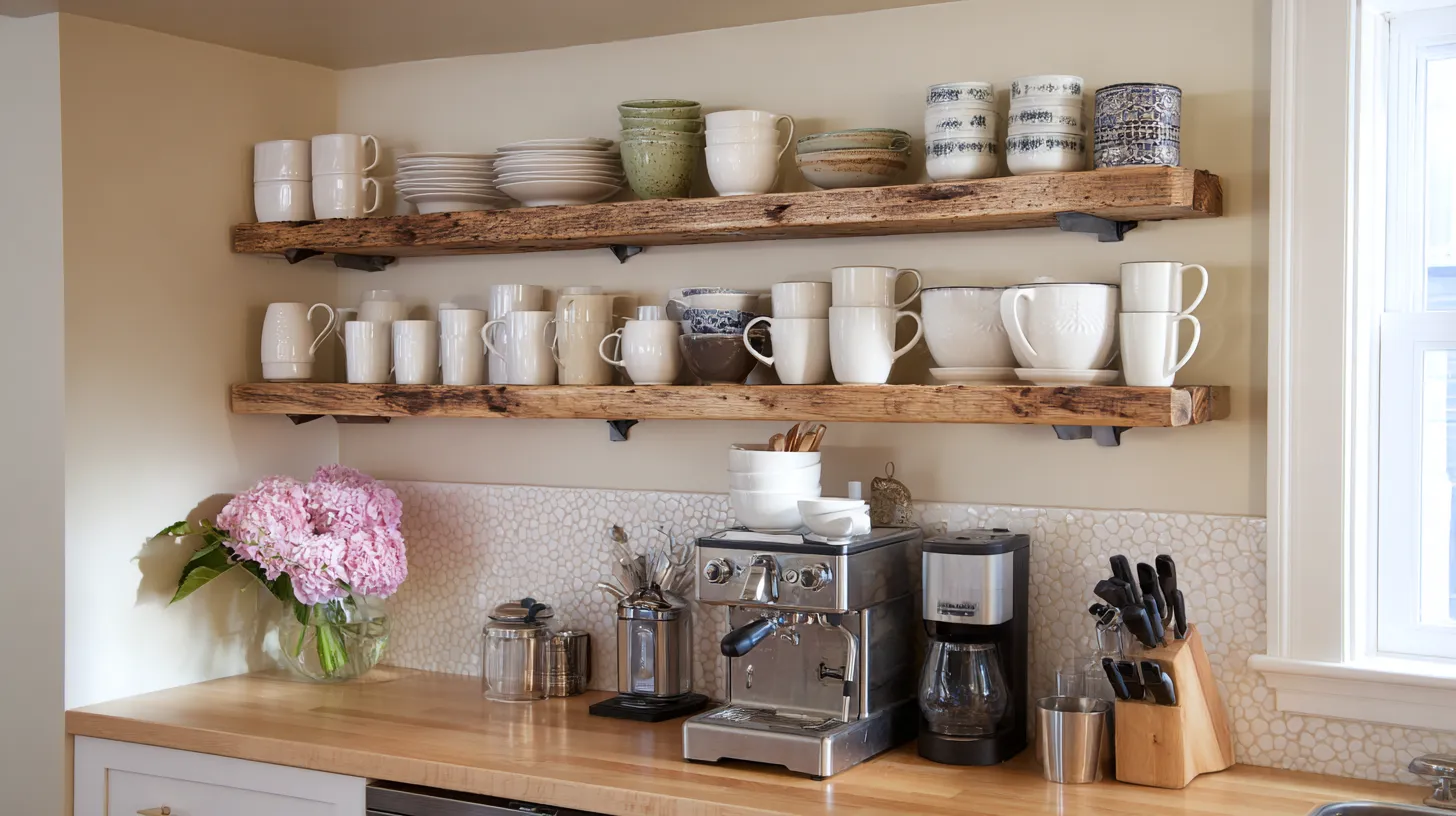 Kitchen counter with coffee machine flowers and wooden shelves holding white mugs and ceramic plates