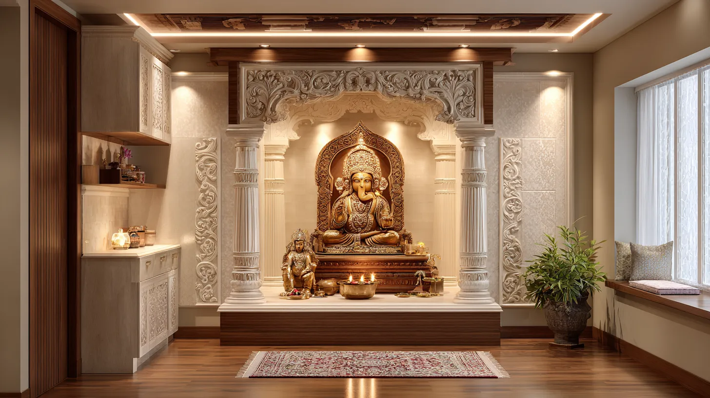 Large traditional prayer room with gold statue, white pillars, wood floor, rug, and green plant