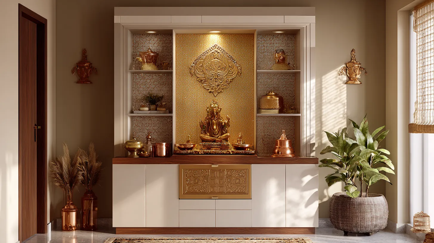 Golden statue inside a white cabinet with wooden top and wall lights in a room