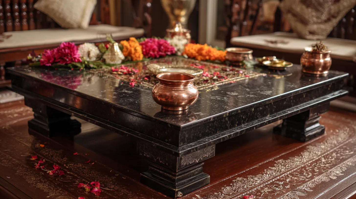 Black stone coffee table with copper bowls, colorful flowers, and flower petals on wood floor