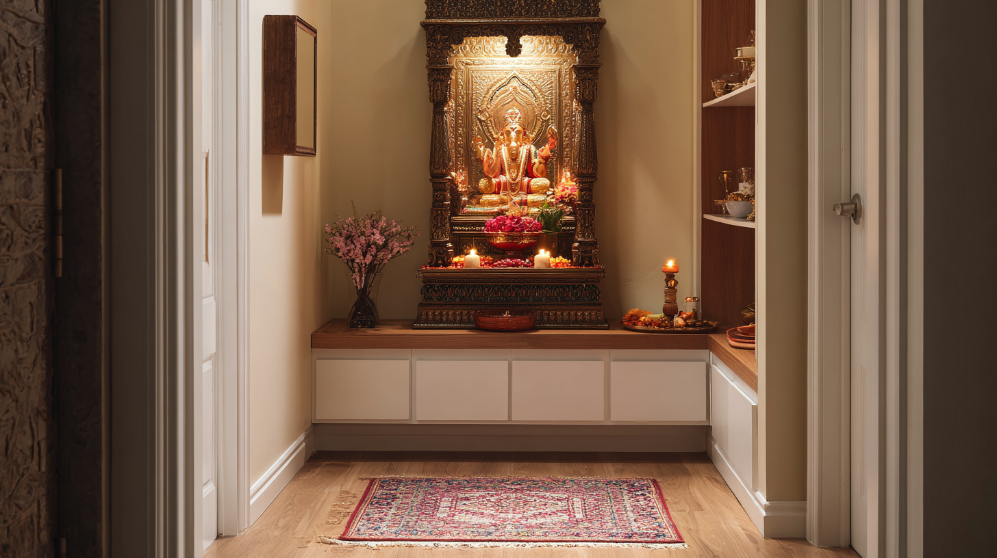 Corner Pooja Unit Design with Floating Shelves and Drawers