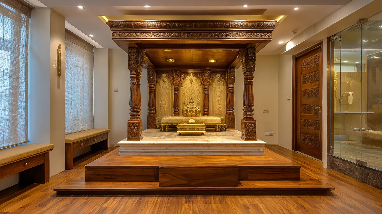 Large wooden temple on a marble platform with wooden floors and curtains in a room