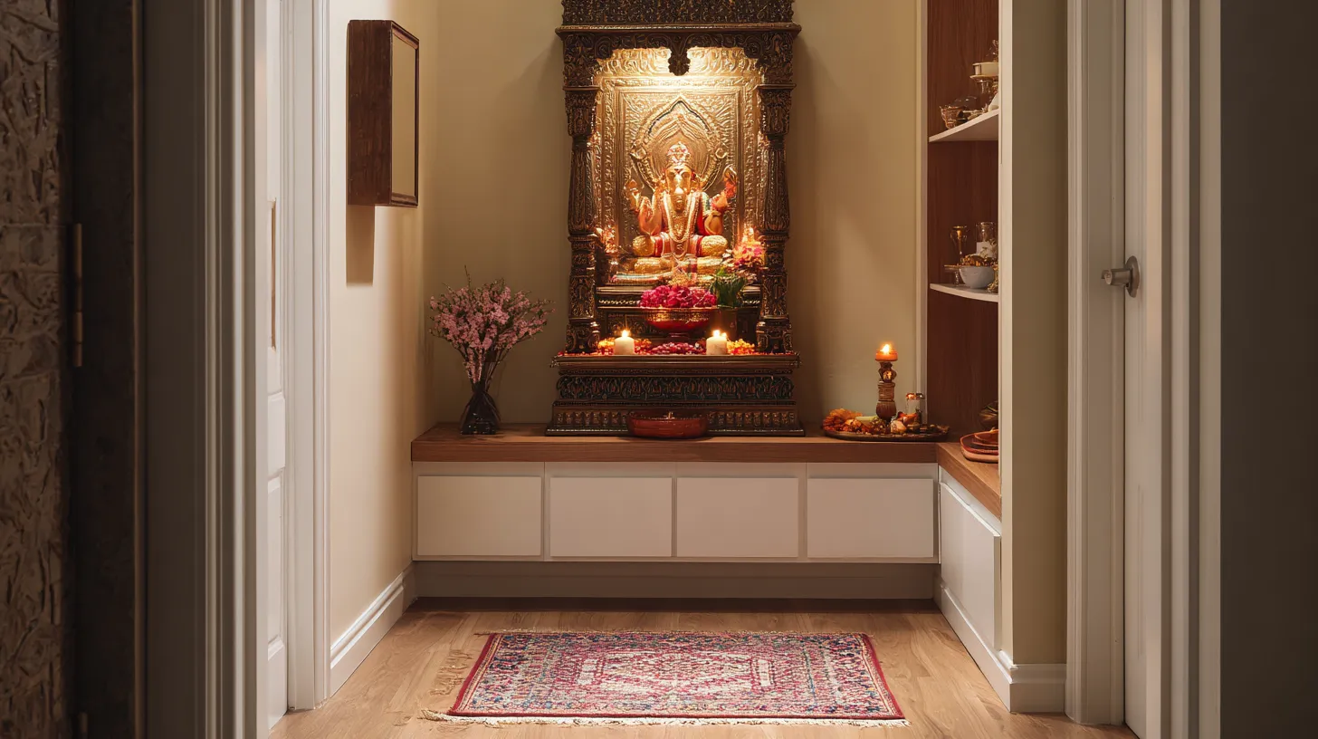 Small prayer area in hallway with gold statue white cabinets wooden floor rug and candles