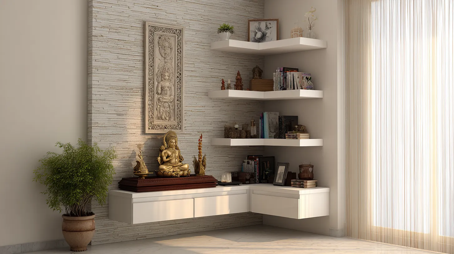 White floating corner shelves on a stone wall with a golden statue and green plant