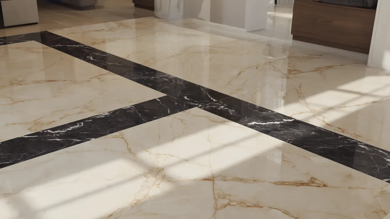 Polished beige marble floor featuring a large black border design in a modern bright room