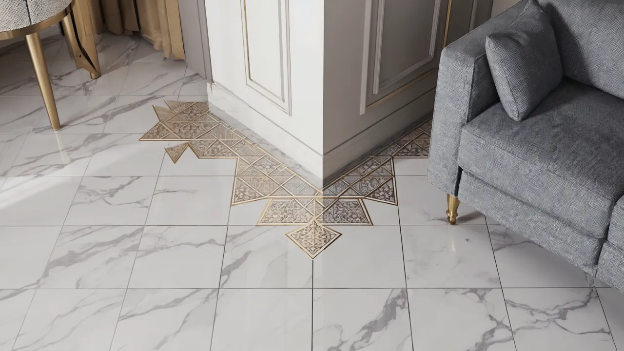 White marble floor with geometric gold pattern around wall corner next to gray fabric sofa
