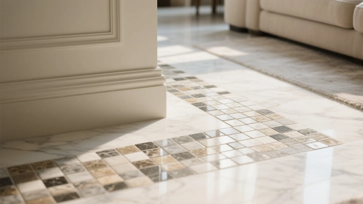 White wall panel and marble floor with small square tile border near a beige living sofa