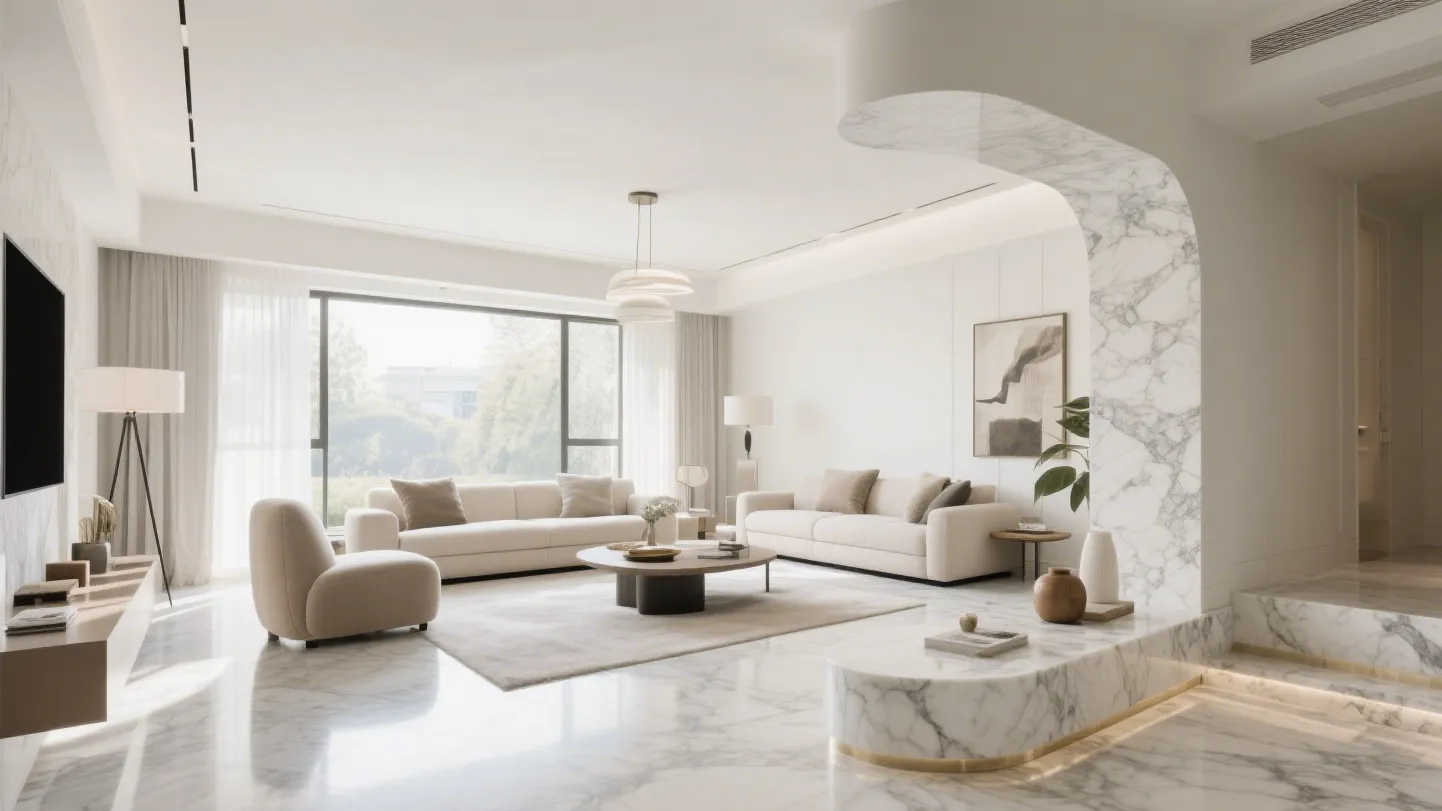 Bright modern living room with white sofas round coffee table marble floor and stone archway