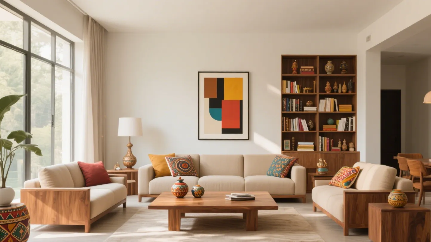 Modern living room with cream sofas wooden coffee table wall art bookshelf and large windows