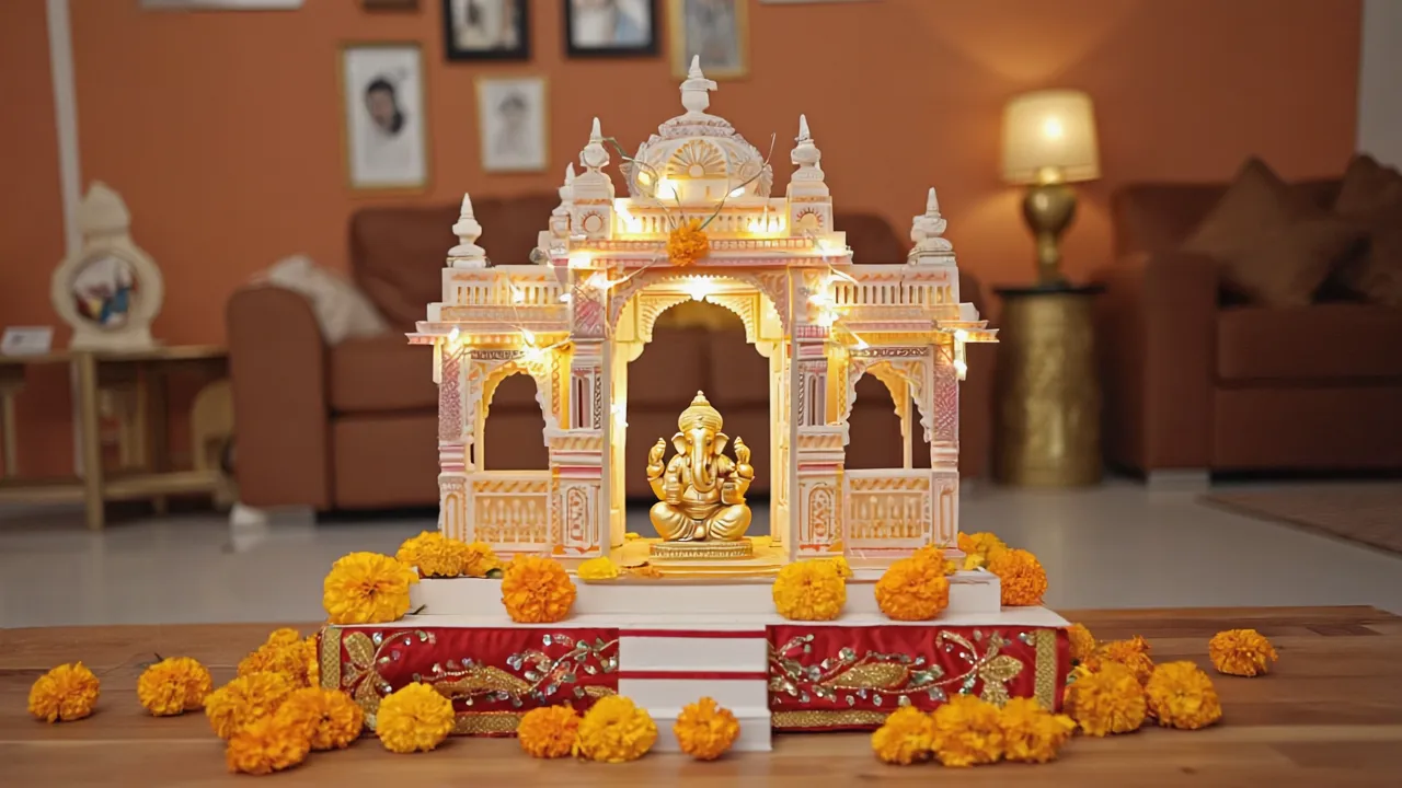 Small temple with lights and gold statue on wooden table with many bright orange flowers