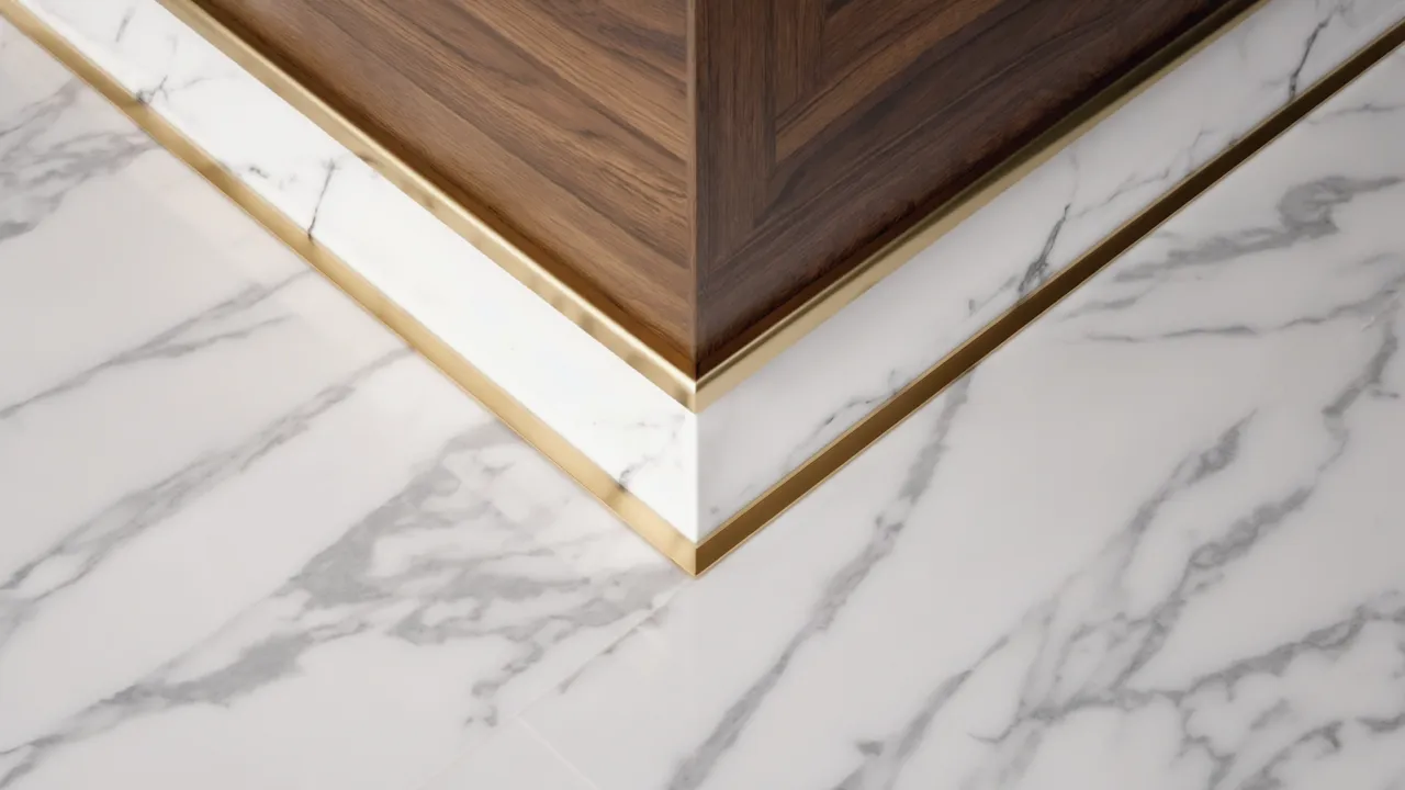 Corner of wooden cabinet with gold trim and white marble base on grey marble floor
