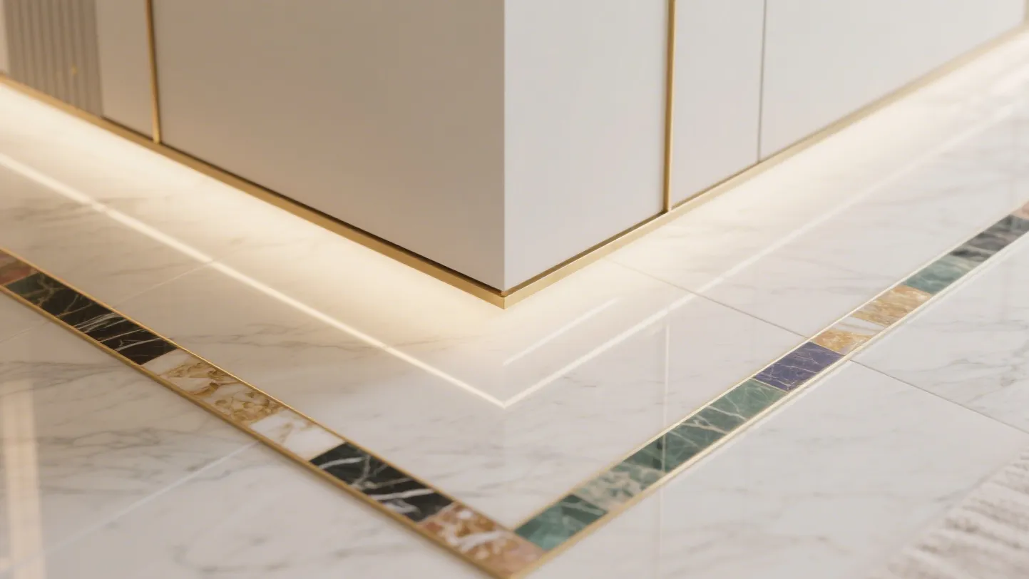 White marble floor with colorful decorative tile border gold trim and bright base floor lighting