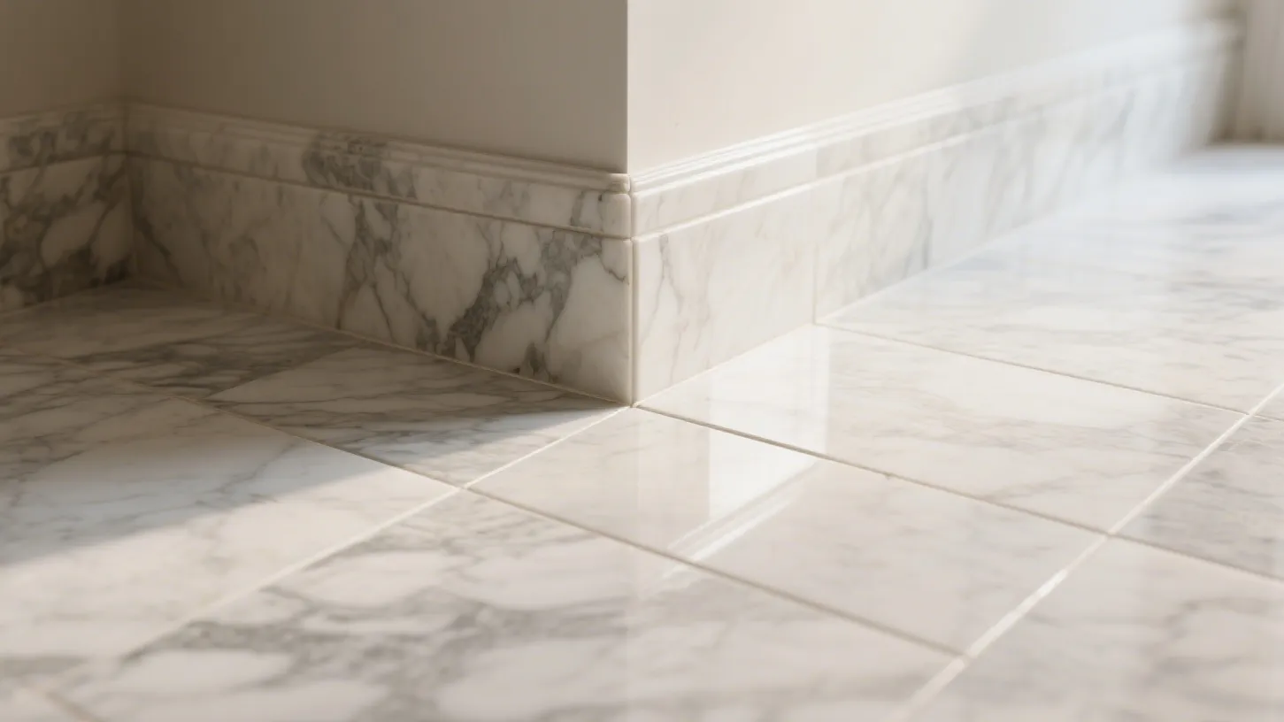 White marble floor tiles meeting wall corner with matching marble baseboard and soft natural sunlight