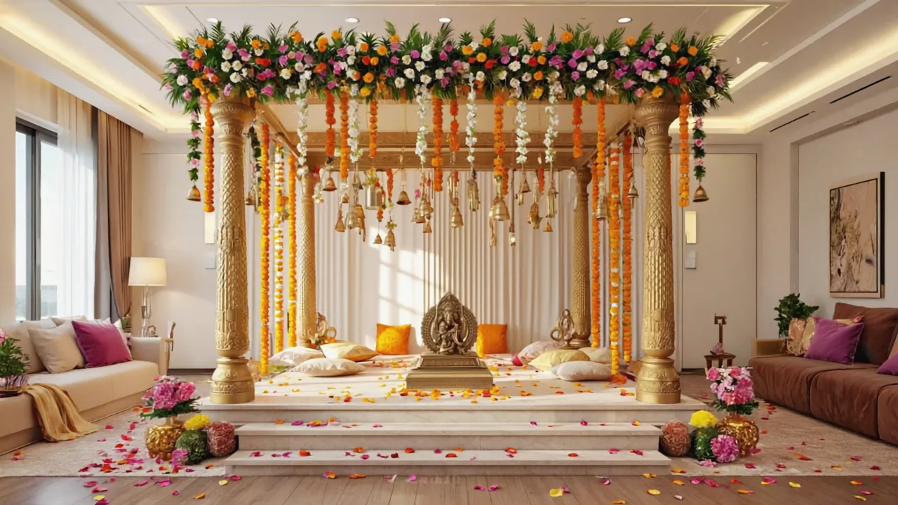 Indoor prayer area decorated with flower garlands gold pillars and pillows on the wooden floor