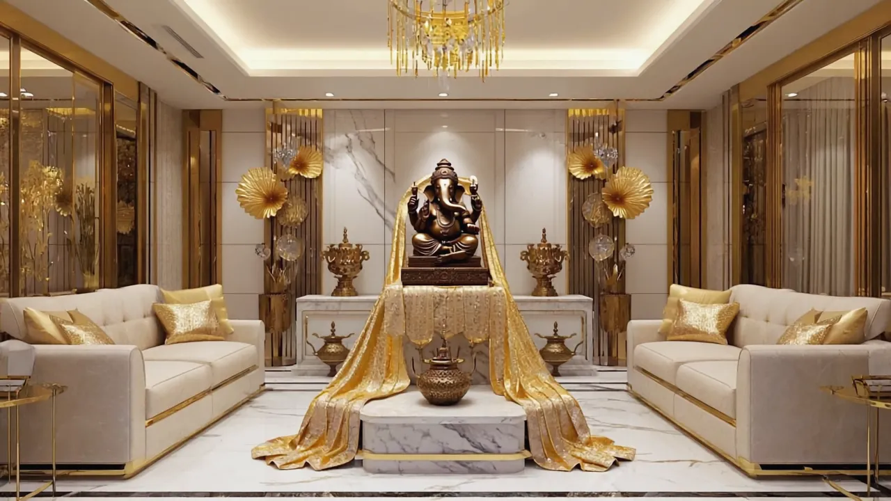 Luxury white living room with gold statue plus sofas and pillows under a ceiling light