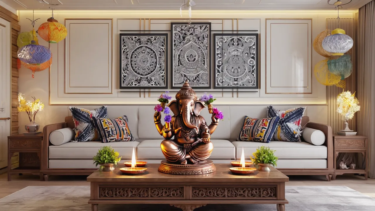 Bronze Ganesha statue on coffee table with candles sofa patterned pillows and colorful hanging lanterns