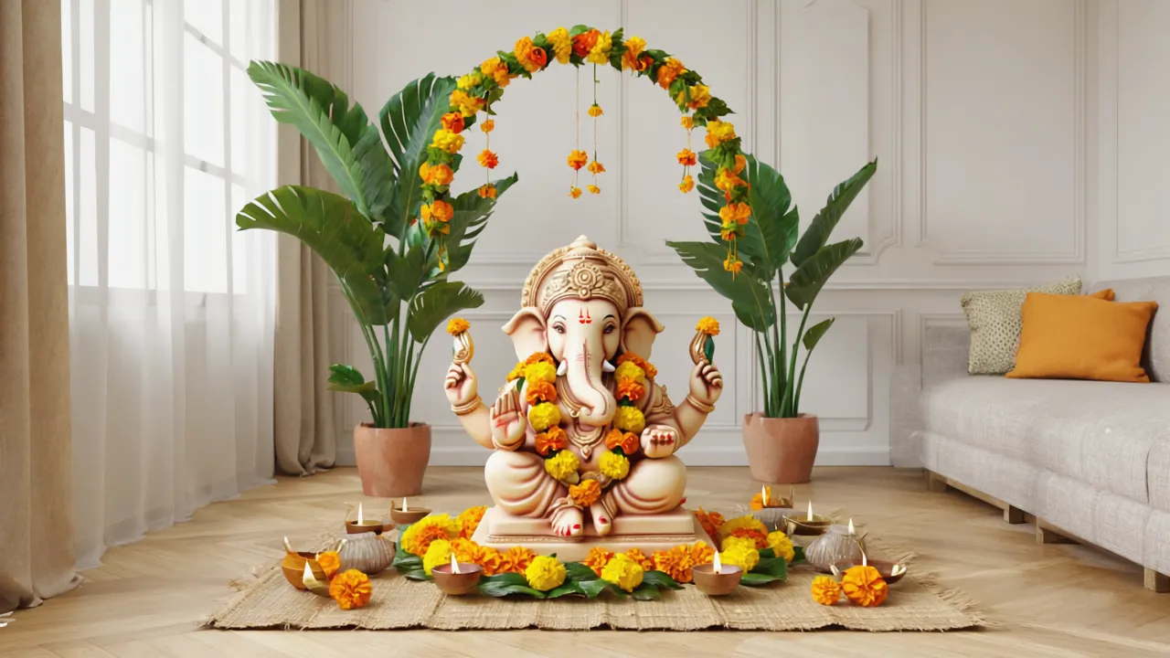 Ganesha statue in living room with flower arch green plants small candles and wooden floor