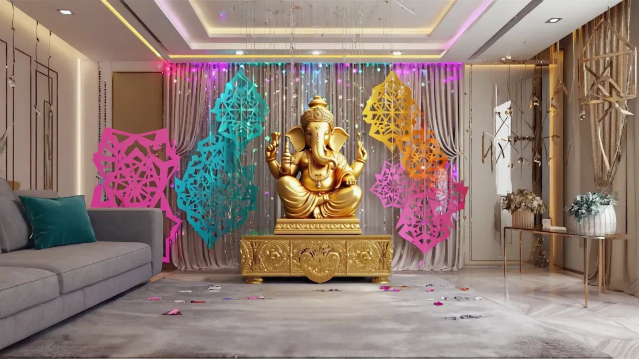 Gold statue on a stand with colorful paper designs grey sofa and a big rug