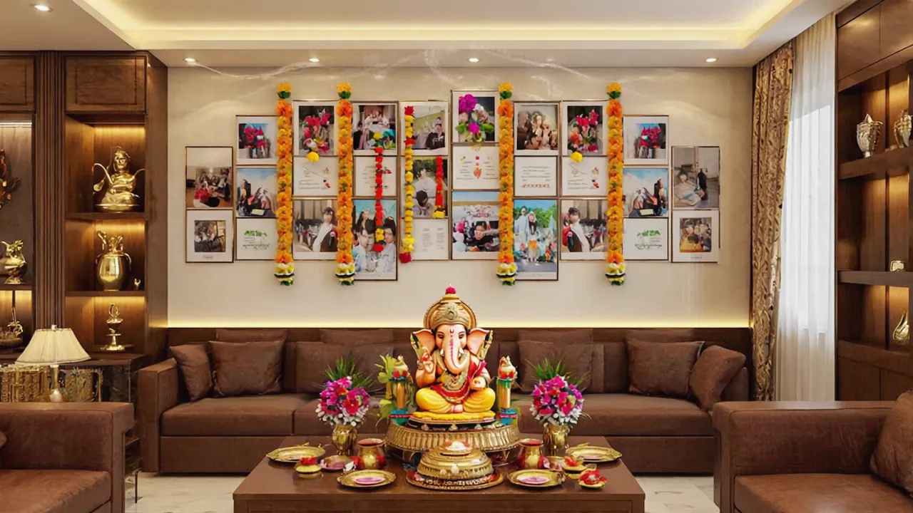 Living room with brown sofa photo wall with flowers and gold statue on coffee table