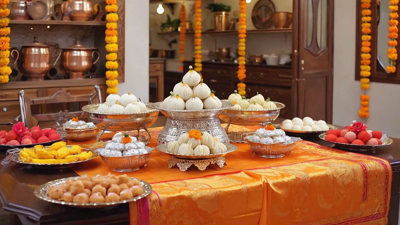 Traditional Indian sweets on silver plates atop an orange tablecloth with yellow flower garlands behind