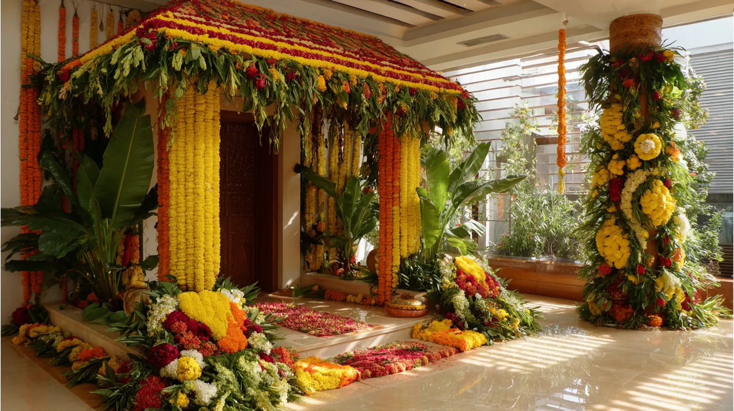 1. Floral & Banana Leaf Classic Style (South Indian Tradition)