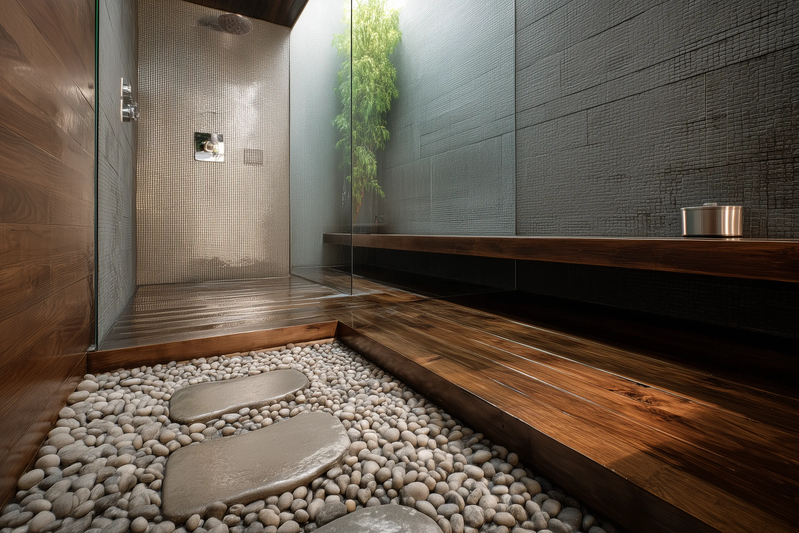 1. Rustic Spa Vibe with Stone & Wood