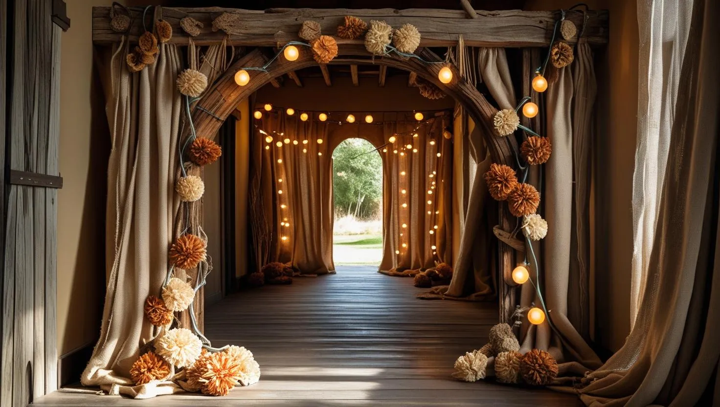 Rustic Wooden Arch with Earthy Curtains