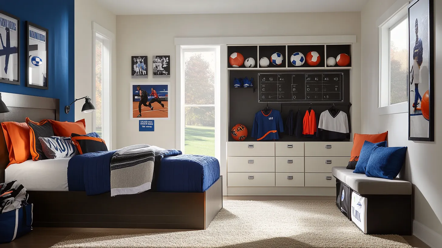 Sports themed bedroom with blue bedding orange pillows white drawers and soccer balls on shelving