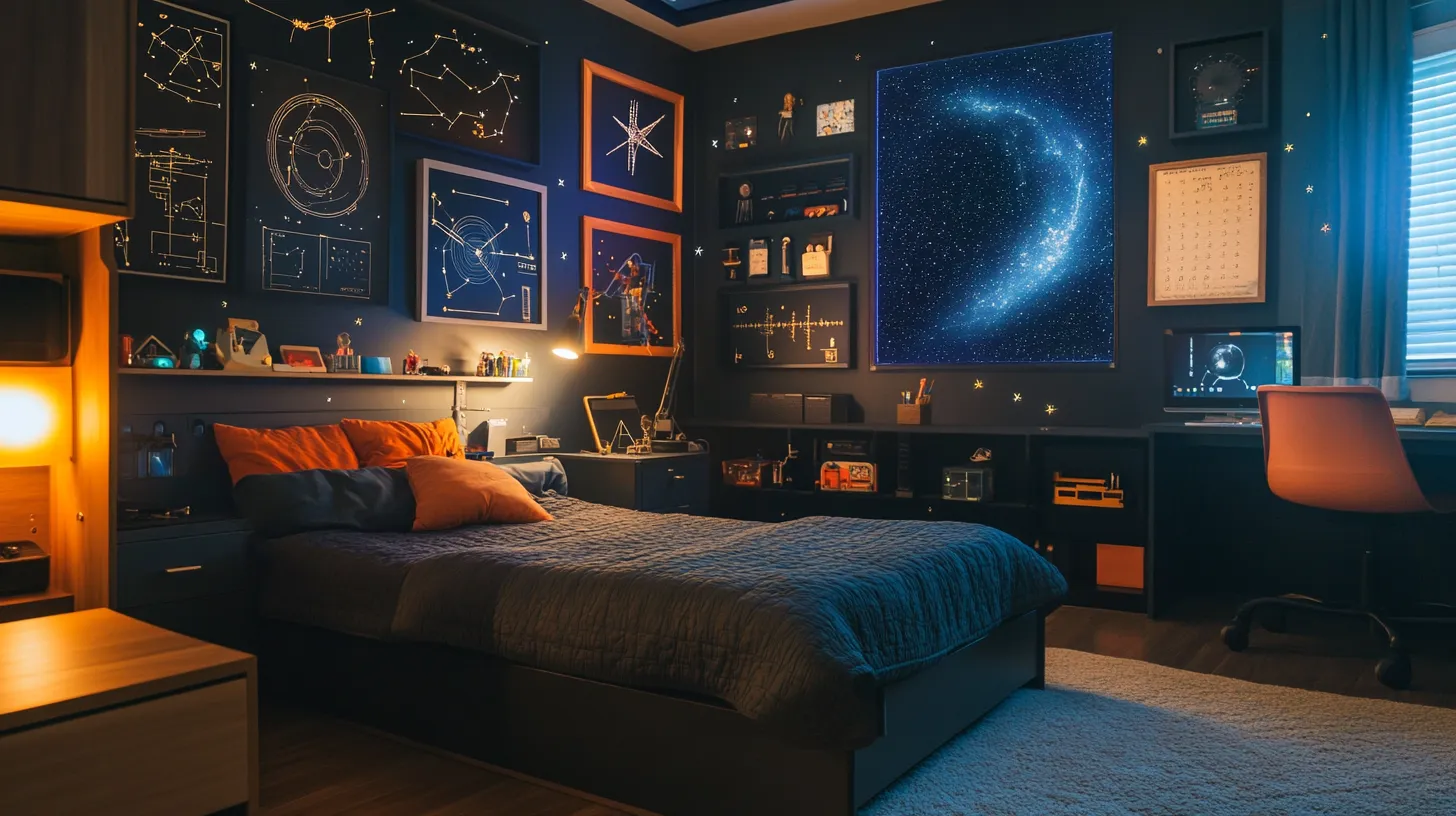 Dark blue space themed bedroom showing galaxy wall art, orange pillows, desk chair, and computer.