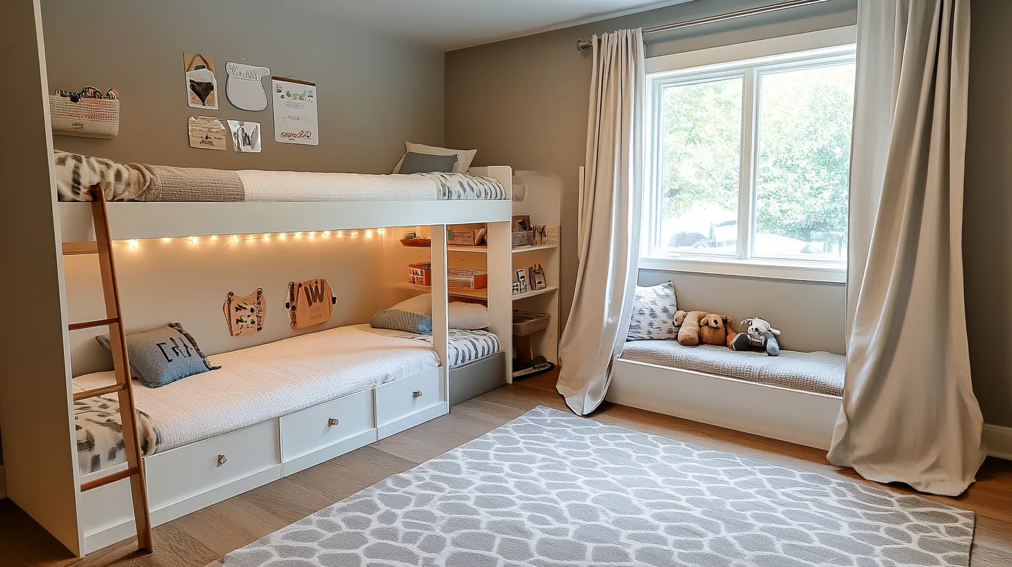 Bright kids bedroom featuring white bunk beds with storage window seat and long grey curtains