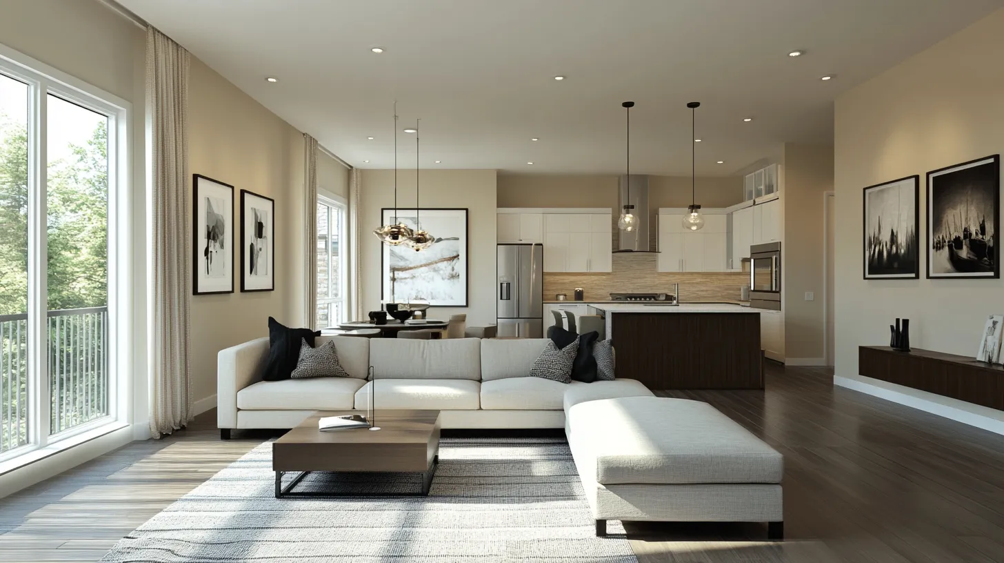 Bright open living area with large sofa wooden coffee table kitchen island and white cabinet storage