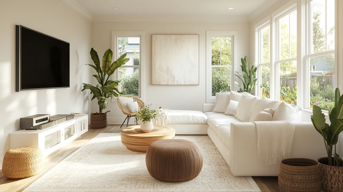 Calm green living room with beige sofa wooden coffee table armchair and soft warm light fixtures